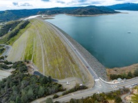 A drone view of water levels at the Oroville Dam located at Lake Oroville in Butte County, California.