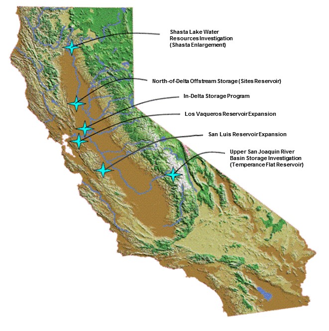 Map showing surface water storage projects. Contact DWR by emailing accessibility@water.ca.gov to learn more about this map.