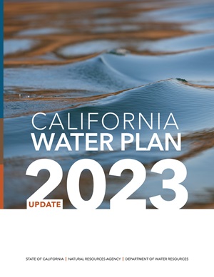 Cover of the California Water Plan Update 2023, showing water waves with a superimposed document title.