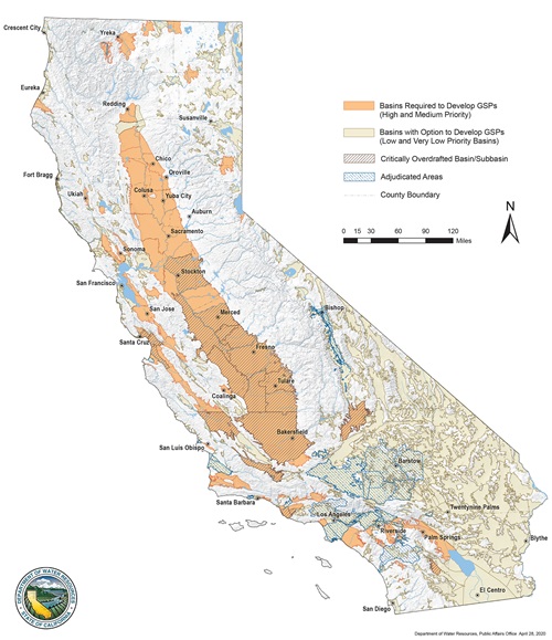 This is a map of the State of California displaying the results of the Sustainable Groundwater Management Act (SGMA) 2019 Basin Prioritization Project for each of the state’s 515 groundwater basins. Basins are displayed in four different colors to differentiate a very low-, low-, medium- or high basin priority. A table showing the specific basin prioritization of each basin can be found in the SGMA 2019 Basin Prioritization Process and Results Document. For further information about SGMA 2019 Basin Prioritization or this figure please read the narrative and review the links on the page. If you have questions or need additional assistance please send an email to sgmp@water.ca.gov.