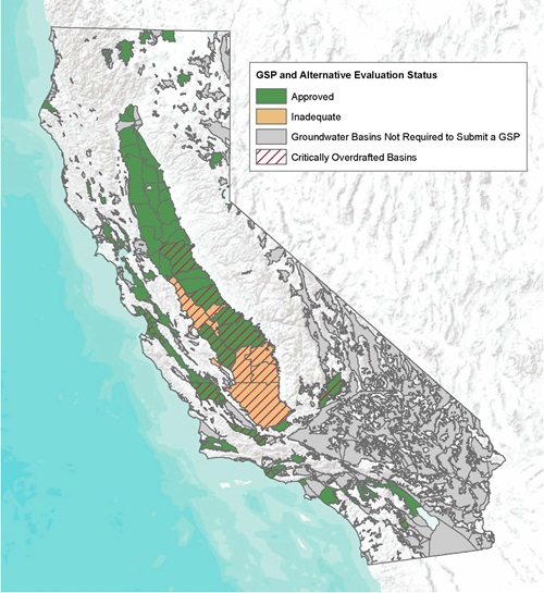 A map of California highlighting the status of GSPs throughout the state.